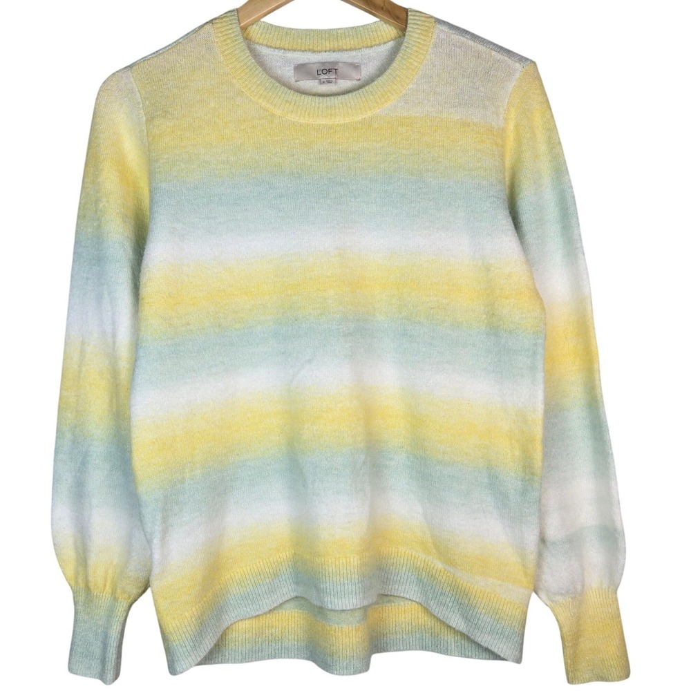 LOFT Spacedye Yellow Blue White Striped Ombre Knit Sweater S 594112 Wool Blend